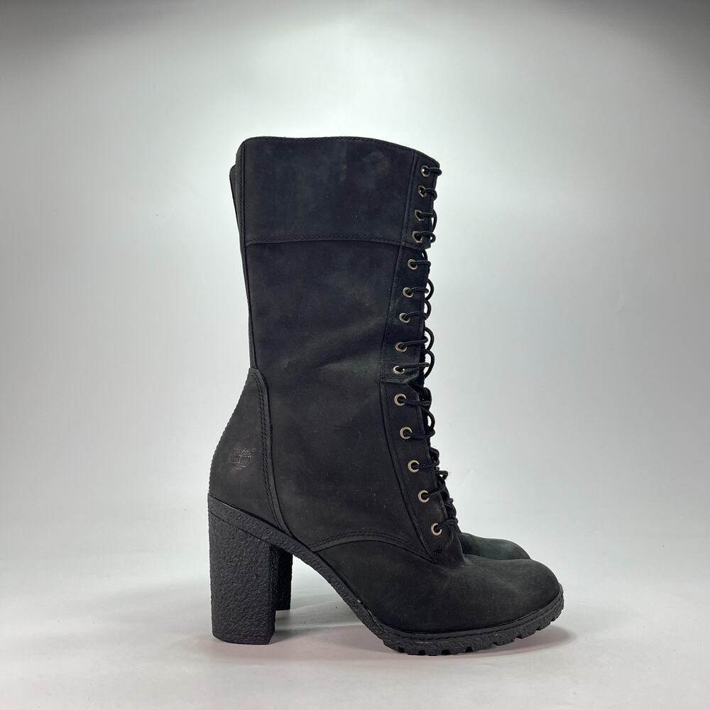 Timberland Glancy 10-Inch Black Nubuck Lace Up Block Heel Boots Women's Size 8